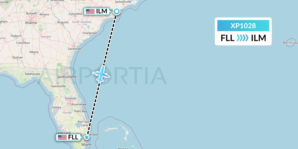 XP1028 Avelo Airlines Flight Map: Fort Lauderdale to Wilmington