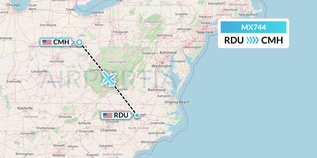 MX744 Breeze Airways Flight Map: Raleigh-Durham to Columbus