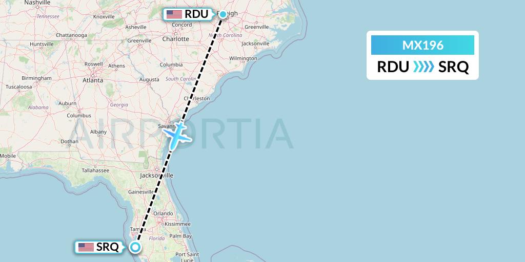 MX196 Breeze Airways Flight Map: Raleigh-Durham to Sarasota