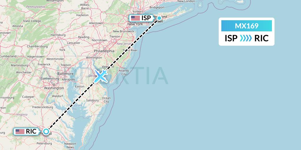 MX169 Breeze Airways Flight Map: Islip to Richmond