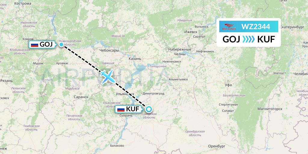 WZ2344 Red Wings Flight Map: Nizhny Novgorod to Samara