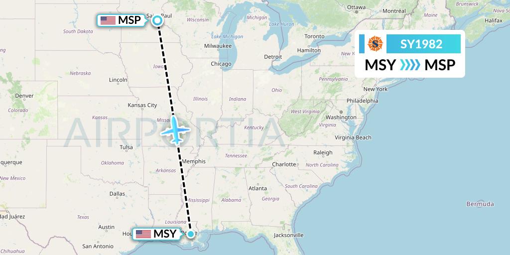 SY1982 Sun Country Airlines Flight Map: New Orleans to Minneapolis