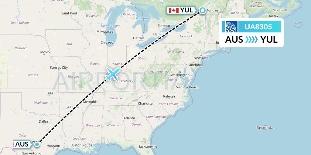 UA8305 United Airlines Flight Map: Austin to Montreal