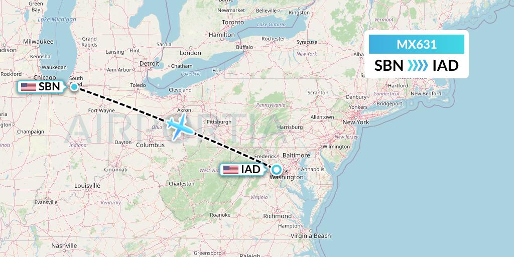 MX631 Breeze Airways Flight Map: South Bend to Washington
