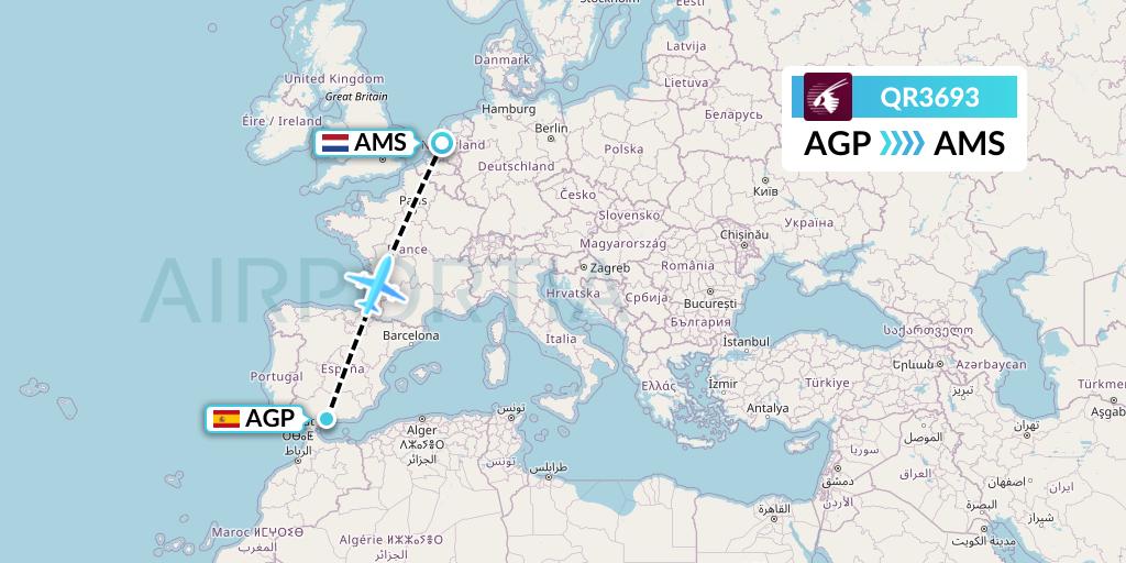 QR3693 Qatar Airways Flight Map: Malaga to Amsterdam