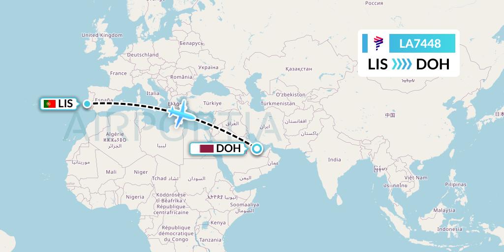LA7448 LAN Airlines Flight Map: Lisbon to Doha