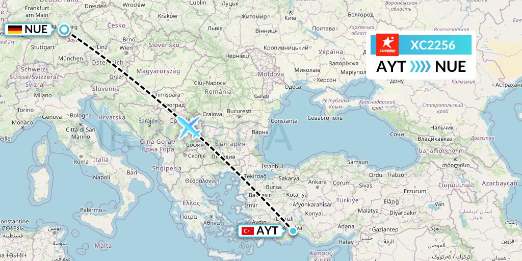XC2256 Corendon Airlines Flight Map: Antalya to Nurnberg