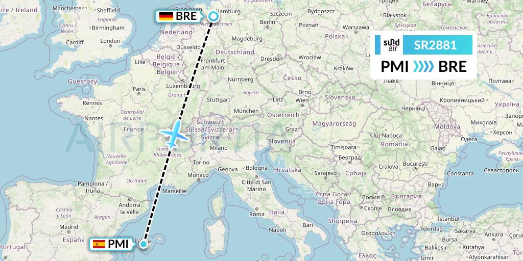 SR2881 SundAir Flight Map: Palma de Mallorca to Bremen