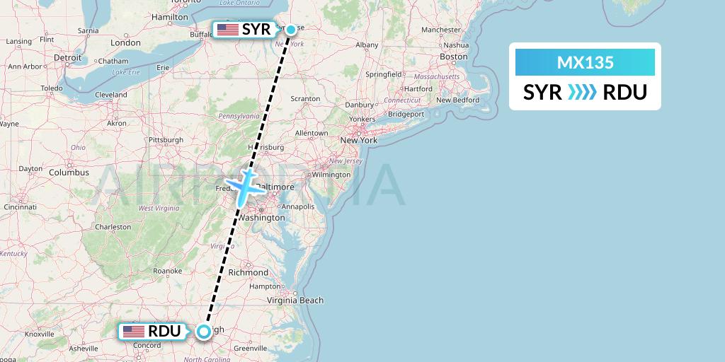 MX135 Breeze Airways Flight Map: Syracuse to Raleigh-Durham
