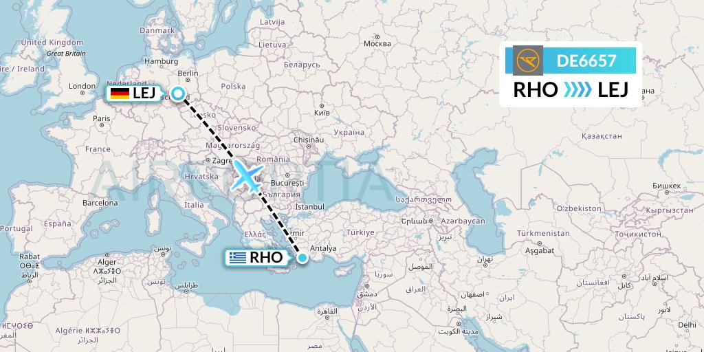 DE6657 Condor Flight Map: Rhodes to Leipzig