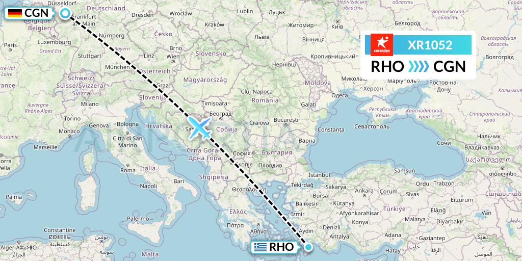XR1052 Corendon Airlines Europe Flight Map: Rhodes to Cologne