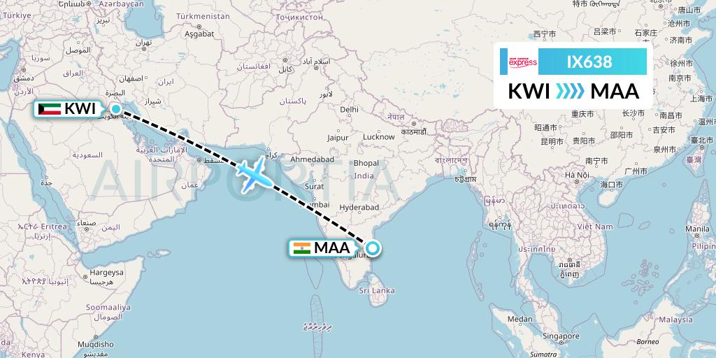 IX638 Air India Express Flight Map: Kuwait City to Chennai