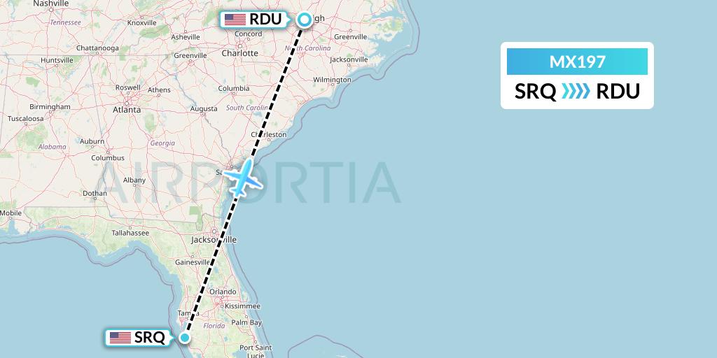 MX197 Breeze Airways Flight Map: Sarasota to Raleigh-Durham