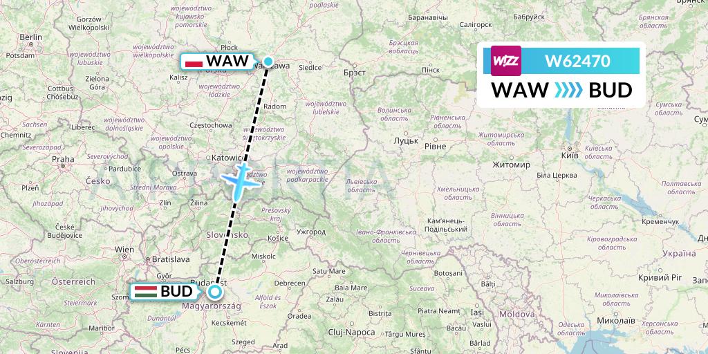 W62470 Wizz Air Flight Map: Warsaw to Budapest