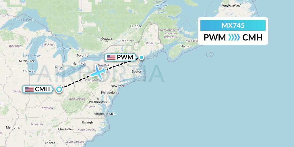 MX745 Breeze Airways Flight Map: Portland to Columbus