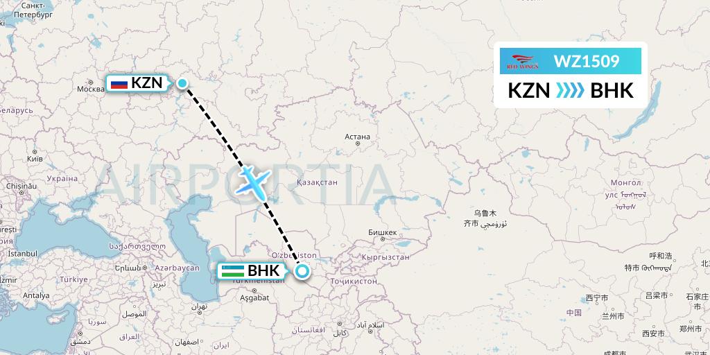 WZ1509 Red Wings Flight Map: Kazan to Bukhara