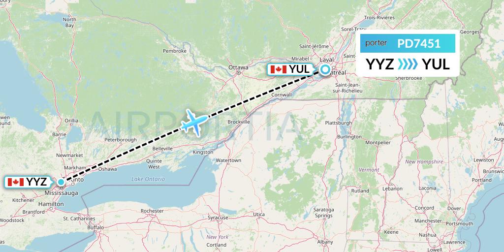 PD7451 Porter Airlines Flight Map: Toronto to Montreal