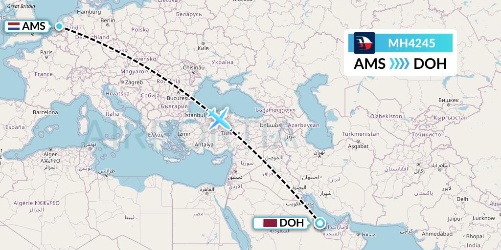MH4245 Malaysia Airlines Flight Map: Amsterdam to Doha