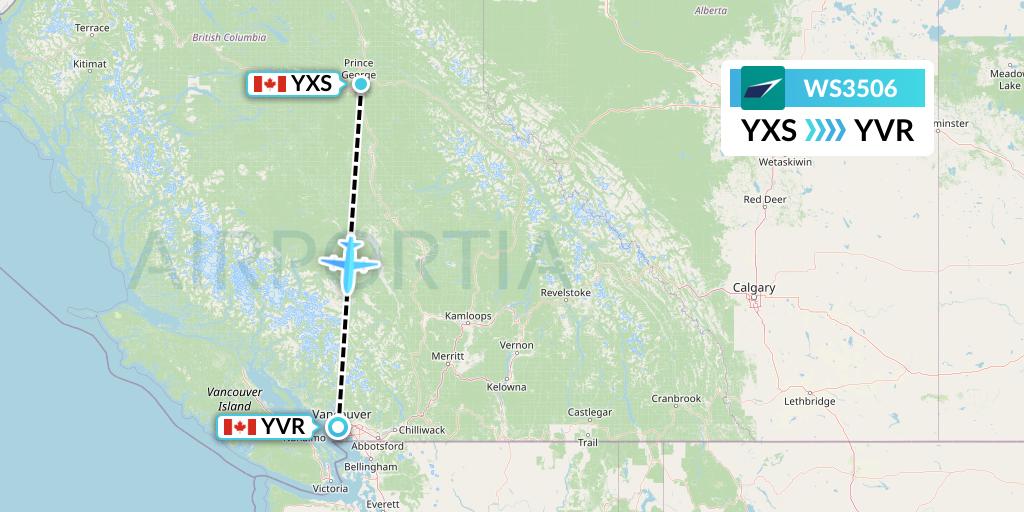 WS3506 WestJet Flight Map: Prince George to Vancouver