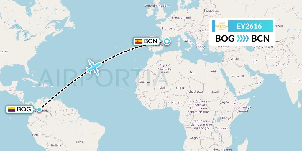 EY2616 Etihad Airways Flight Map: Bogota to Barcelona