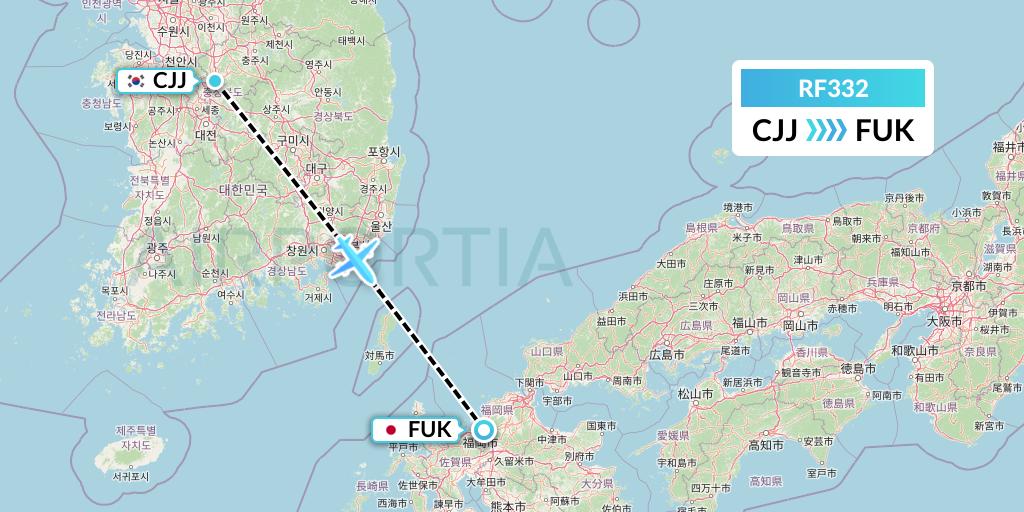 RF332 Aero K Airlines Flight Map: Cheongju to Fukuoka