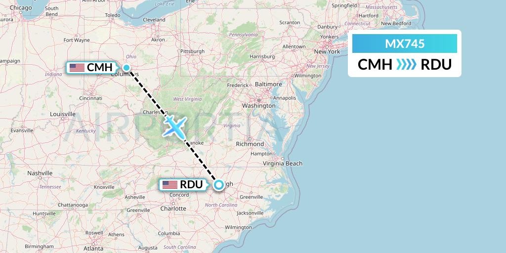 MX745 Breeze Airways Flight Map: Columbus to Raleigh-Durham