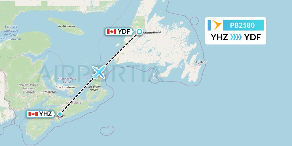 PB2580 PAL Airlines Flight Map: Halifax to Deer Lake