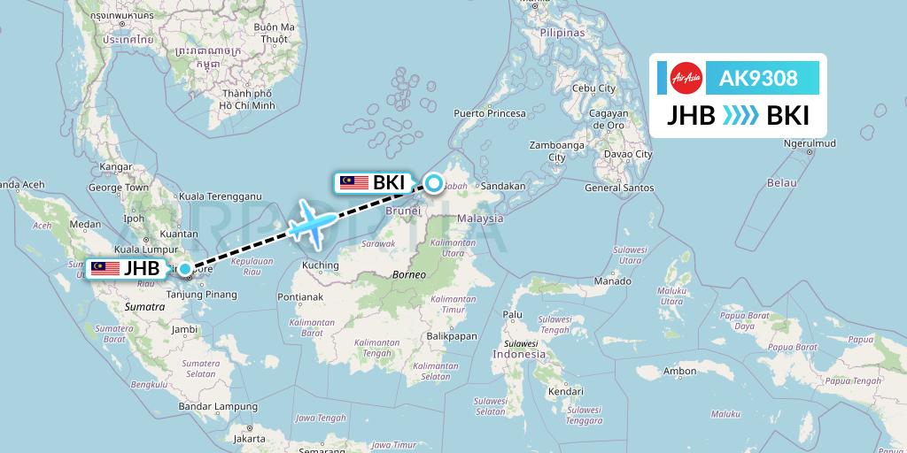AK9308 AirAsia Flight Map: Johor Bahru to Kota Kinabalu