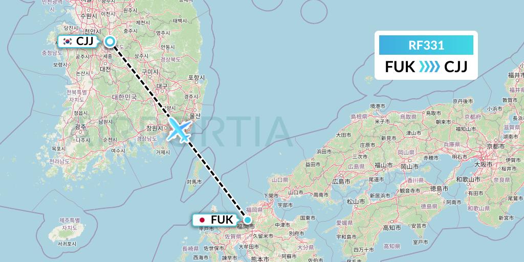 RF331 Aero K Airlines Flight Map: Fukuoka to Cheongju