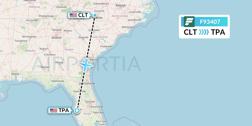 F93407 Frontier Airlines Flight Map: Charlotte to Tampa