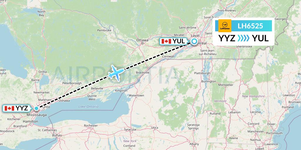 LH6525 Lufthansa Flight Map: Toronto to Montreal