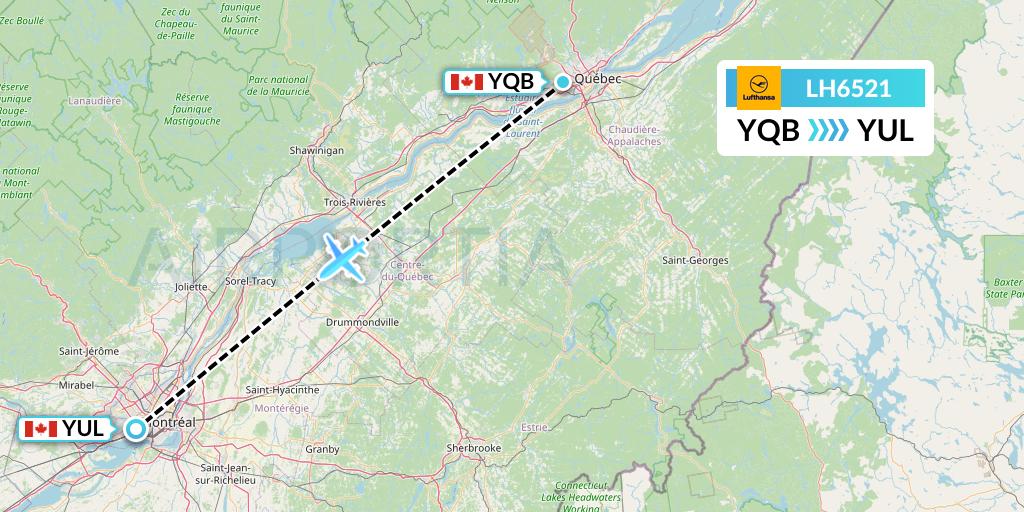 LH6521 Lufthansa Flight Map: Quebec to Montreal