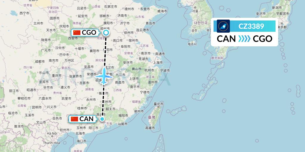 CZ3389 China Southern Airlines Flight Map: Guangzhou to Zhengzhou