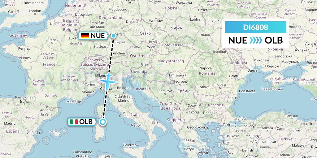 DI6808 Marabu Airlines Flight Map: Nurnberg to Olbia