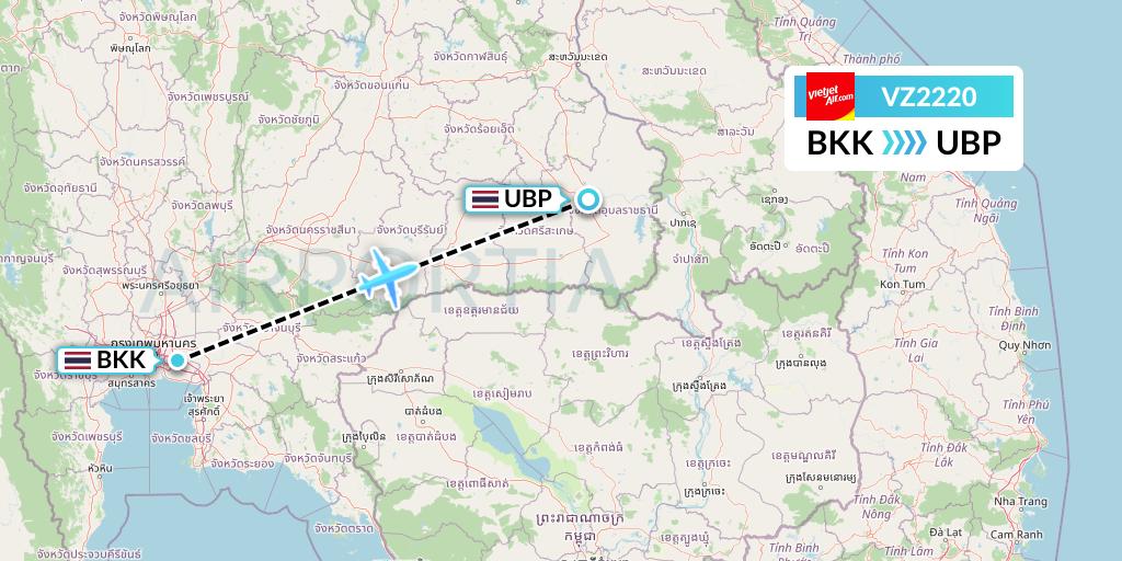 VZ2220 Thai Vietjet Air Flight Map: Bangkok to Ubon Ratchathani