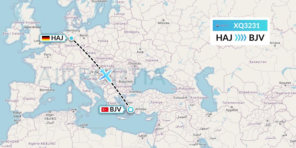 XQ3231 SunExpress Flight Map: Hannover to Bodrum