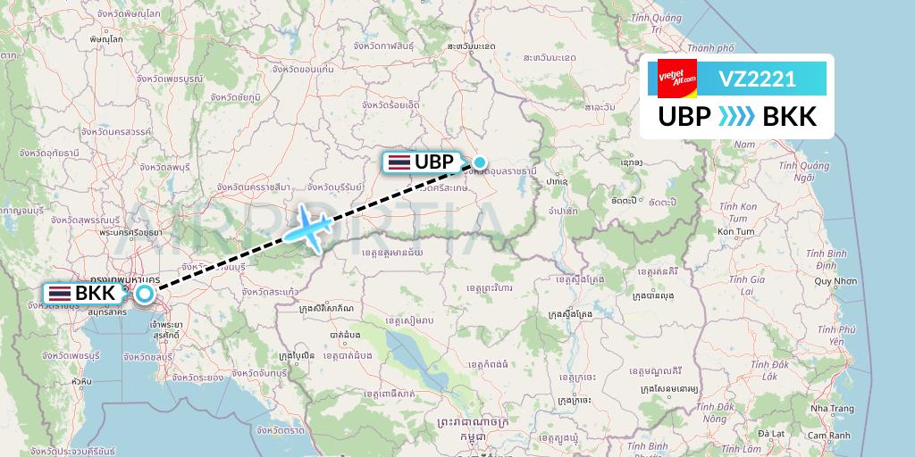 VZ2221 Thai Vietjet Air Flight Map: Ubon Ratchathani to Bangkok
