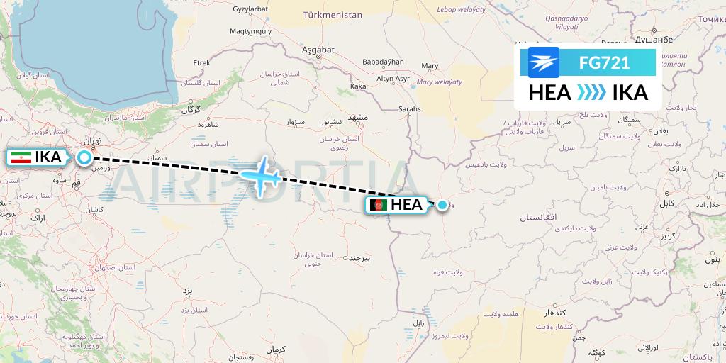 FG721 Ariana Afghan Airlines Flight Map: Herat to Tehran