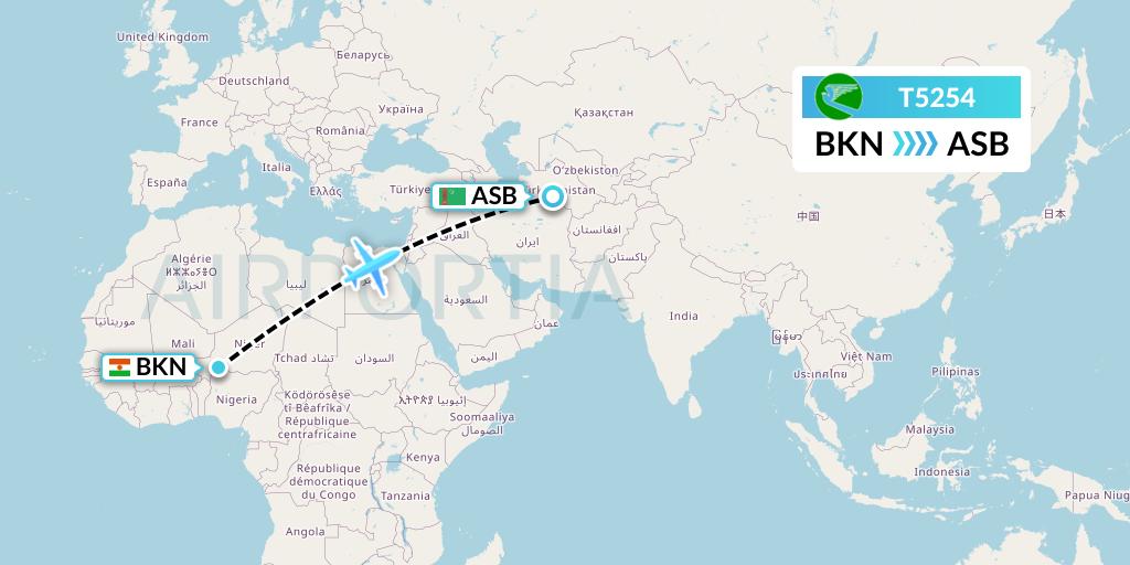 T5254 Turkmenistan Airlines Flight Map: Birni Nkoni to Ashgabat
