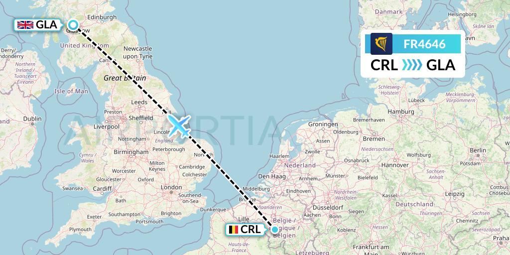 FR4646 Ryanair Flight Map: Brussels to Glasgow