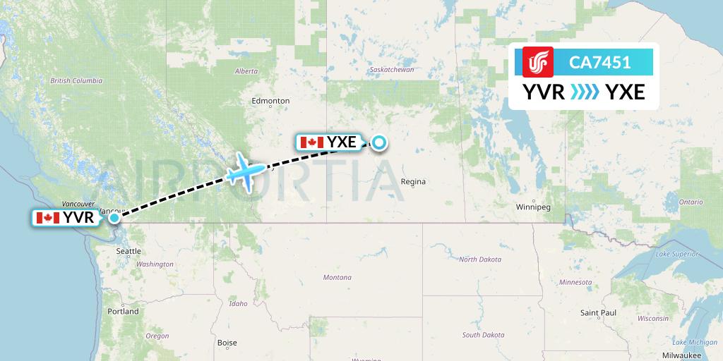 CA7451 Air China Flight Map: Vancouver to Saskatoon