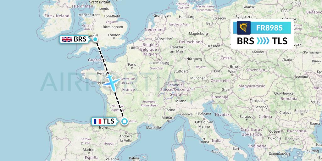 FR8985 Ryanair Flight Map: Bristol to Toulouse
