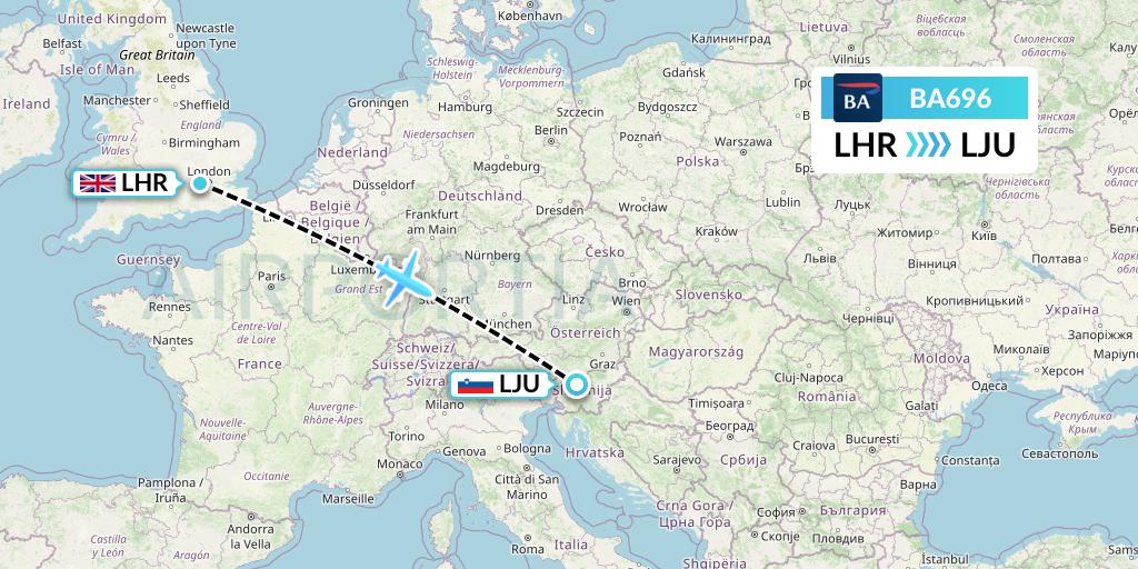 BA696 British Airways Flight Map: London to Ljubljana