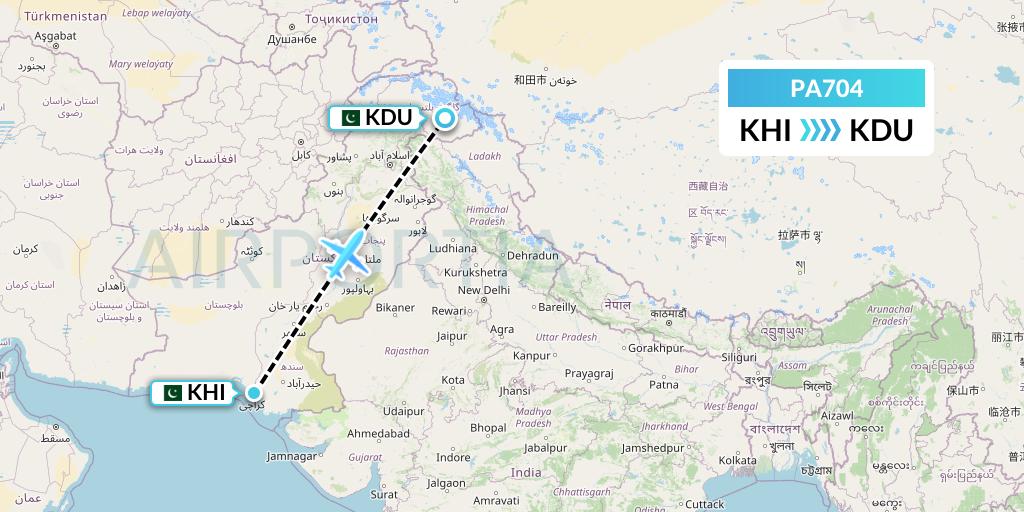 PA704 AirBlue Flight Map: Karachi to Skardu