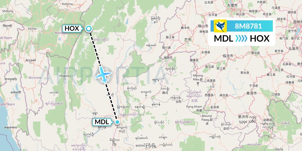 8M8781 Myanmar Airways International Flight Map: Mandalay to Hommalinn