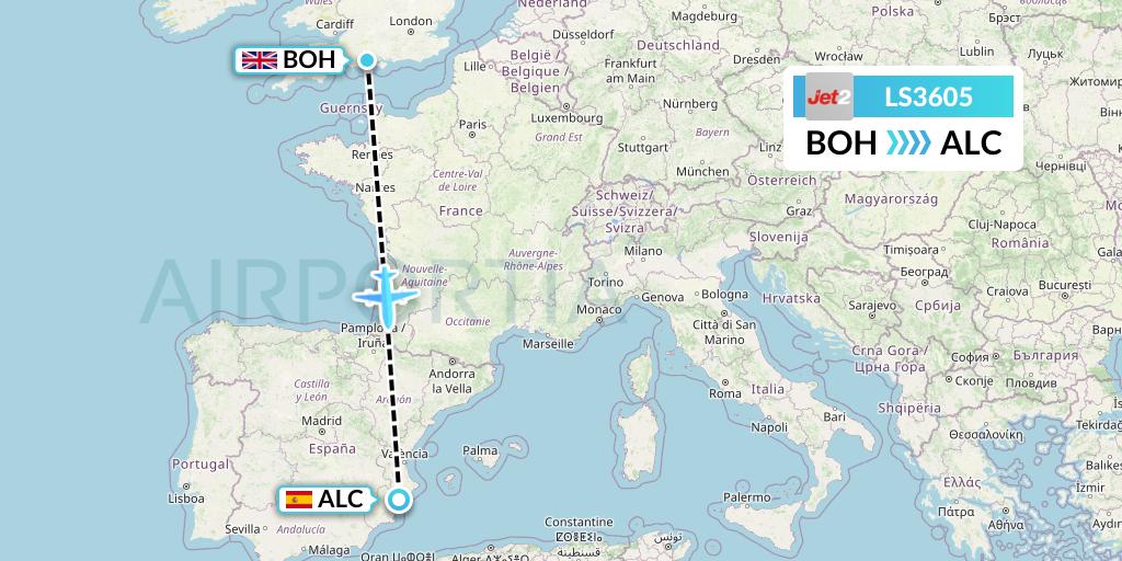 LS3605 Jet2 Flight Map: Bournemouth to Alicante