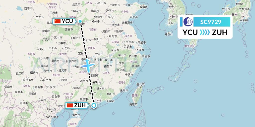 SC9729 Shandong Airlines Flight Map: Yuncheng to Zhuhai