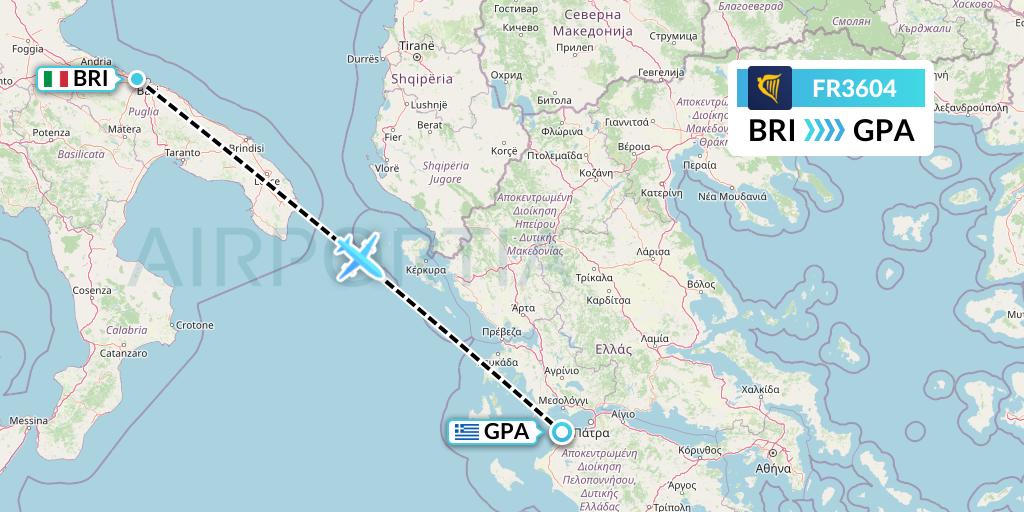 FR3604 Ryanair Flight Map: Bari to Patras