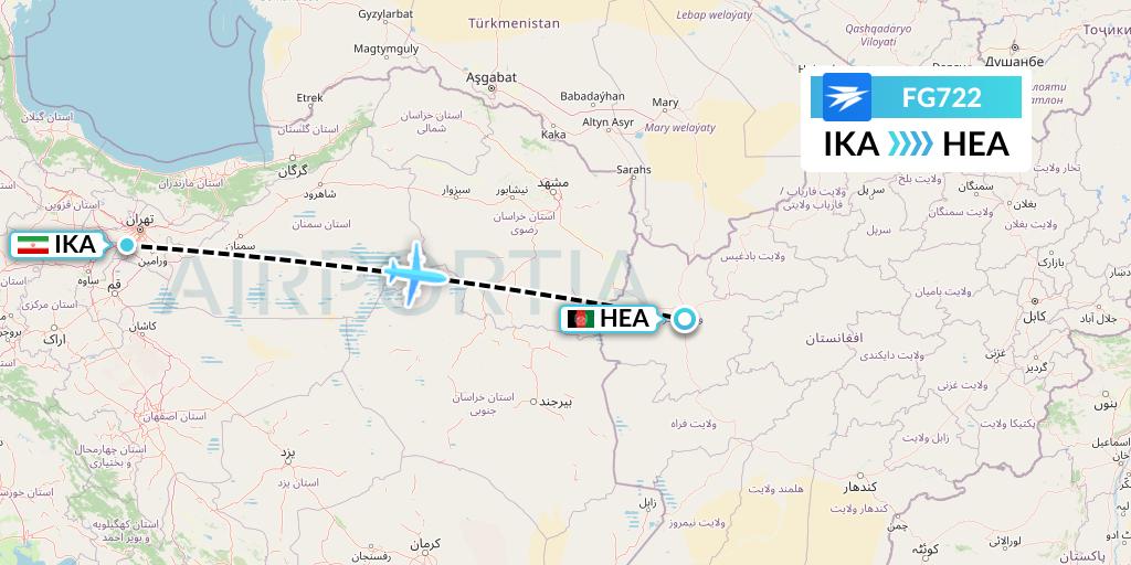FG722 Ariana Afghan Airlines Flight Map: Tehran to Herat