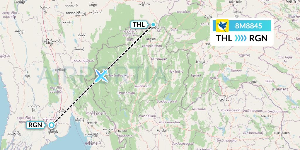 8M8845 Myanmar Airways International Flight Map: Tachilek to Yangon